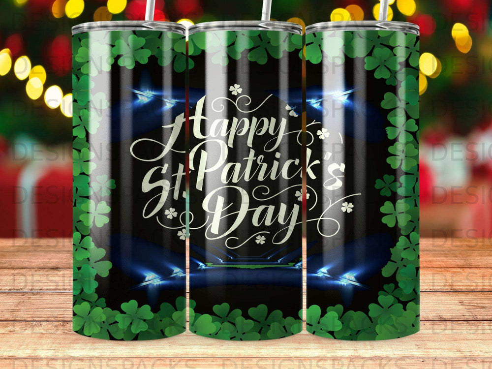 Green tumbler with "Happy St. Patrick's Day" text and shamrocks.