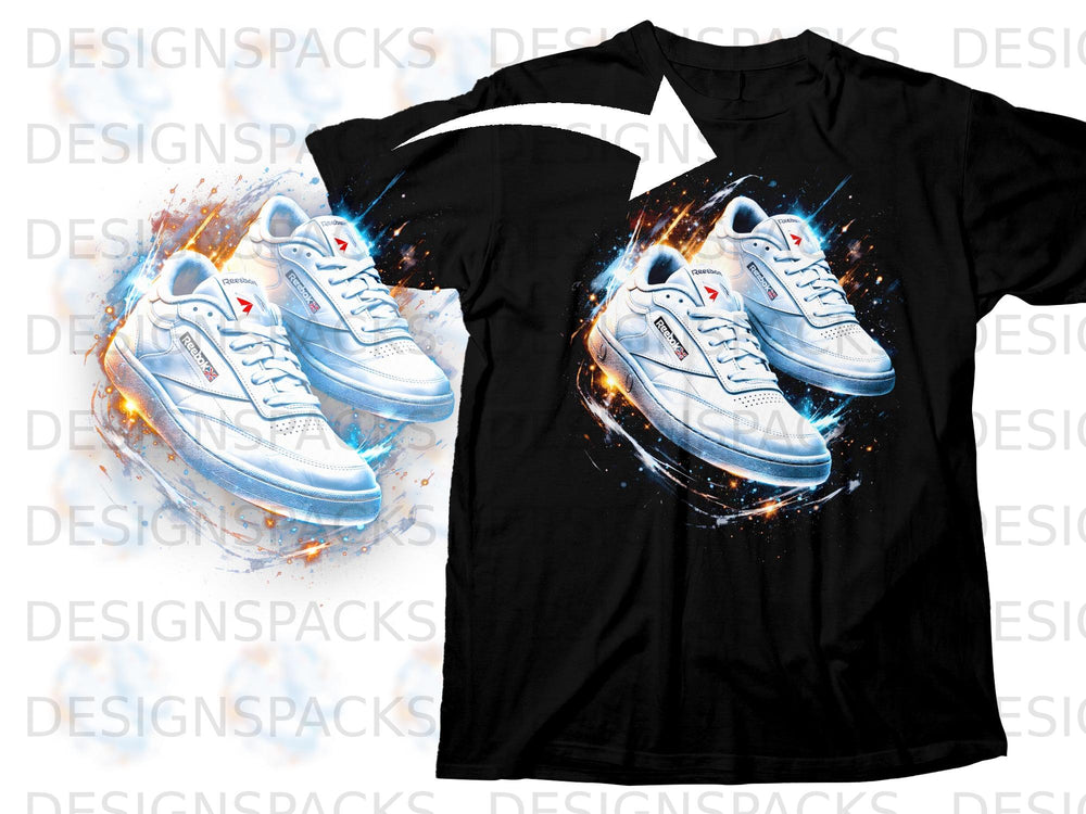 Black t-shirt with graphic of white Reebok sneakers with energetic blue and orange accents.