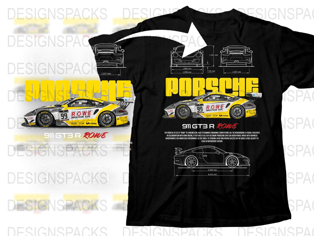 Porsche 911 GT3 Rowe Racing T-Shirt, Motorsport Enthusiast Apparel, Yellow and Black Car Graphic Tee