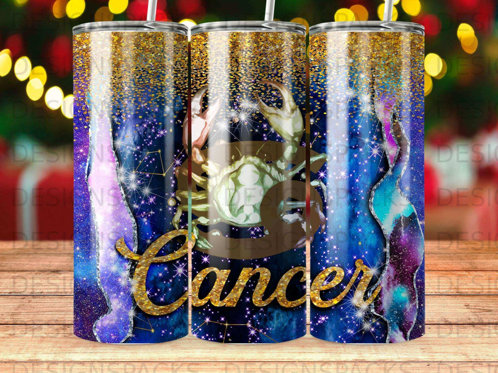 Cancer zodiac constellation and symbol on a glittery starry tumbler.