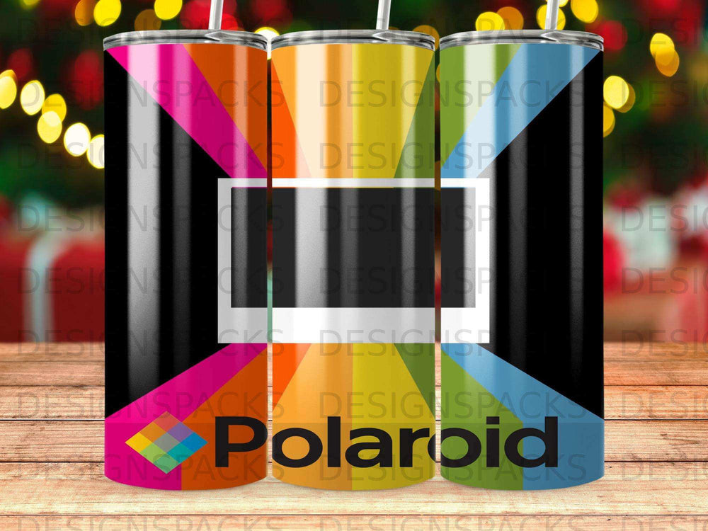 Three tumblers with colorful abstract patterns and "Polaroid" logo.