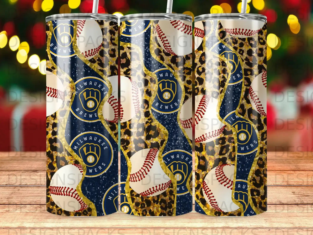 Milwaukee Brewers baseballs and leopard print pattern on tumblers.
