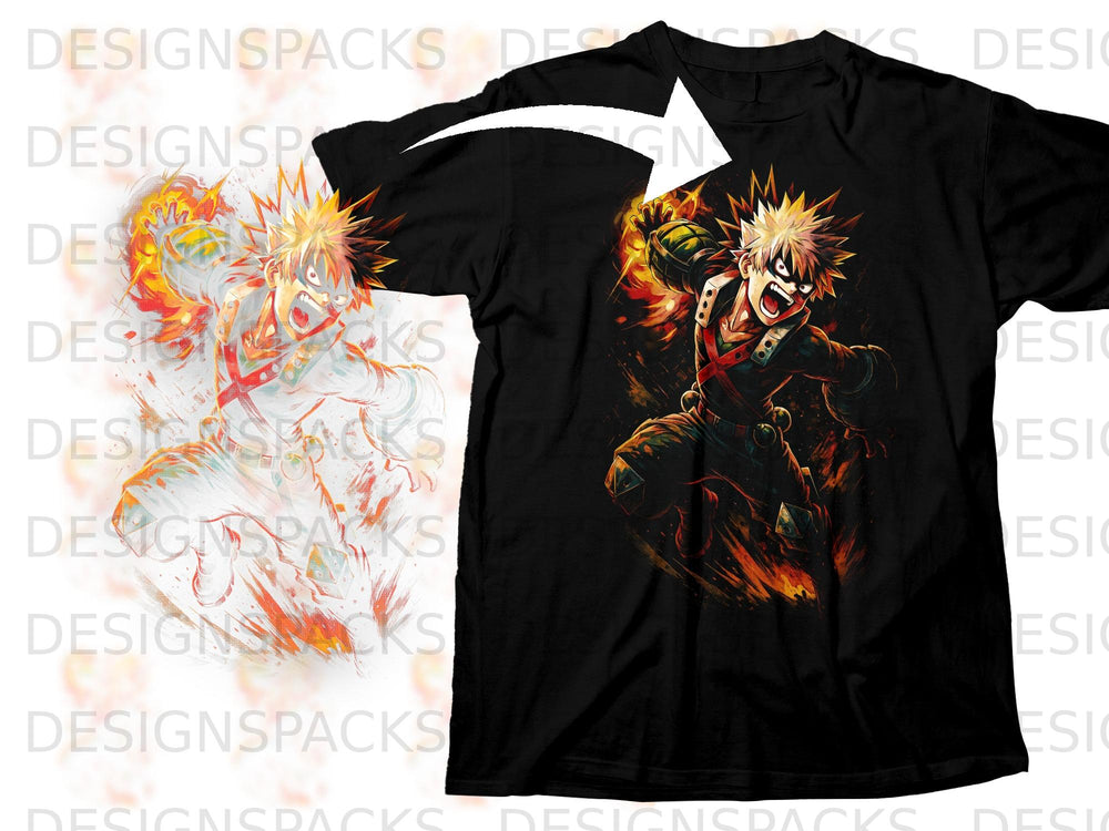 Black t-shirt featuring a vibrant anime character with spiky blonde hair and fiery explosions.