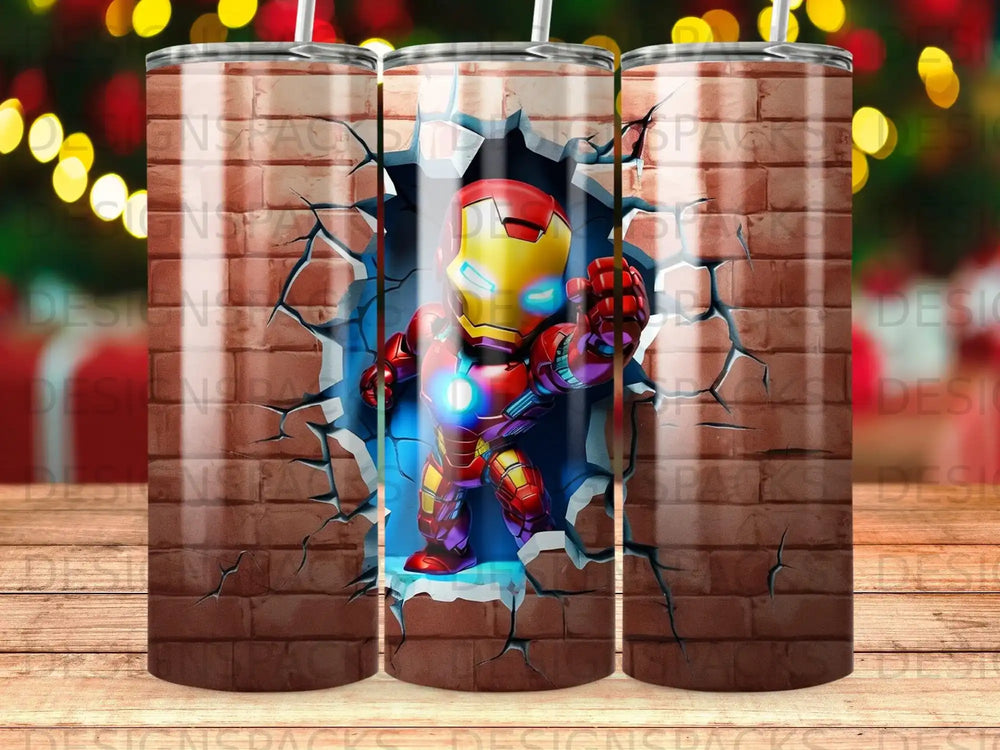 Iron Man superhero breaks through brick wall on tumbler.