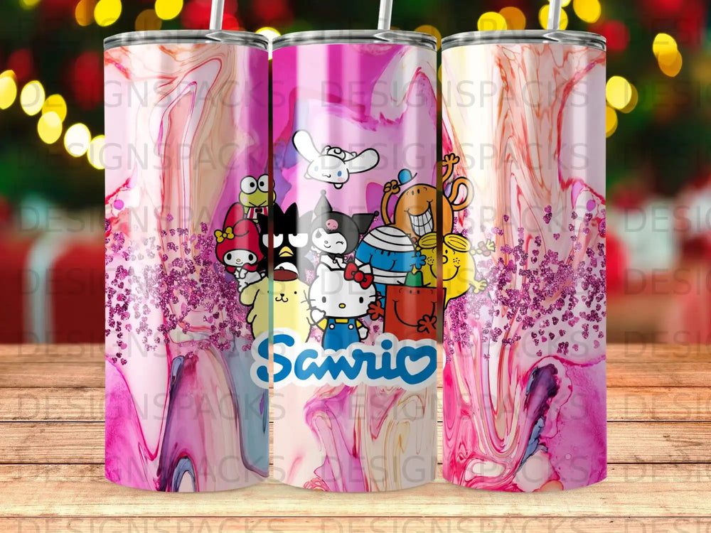 Three pink tumblers with Sanrio characters and pink marble swirl patterns.