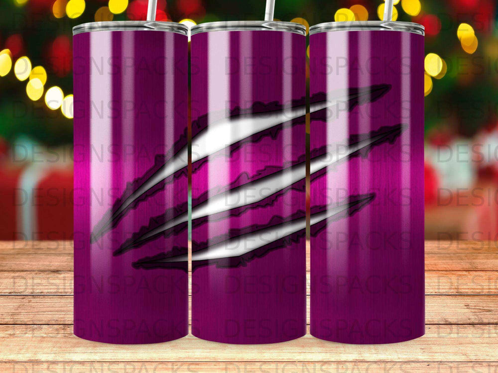 Pink tumbler with claw marks and "DESIGNSPACKS" watermark.