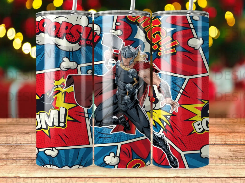 Thor in action, swinging Mjolnir against a comic book background.