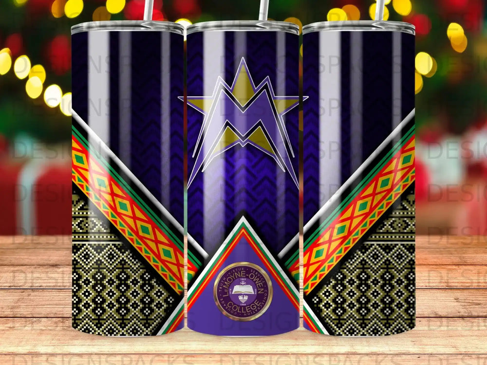 Purple tumbler with college logo, geometric patterns, and gold star.