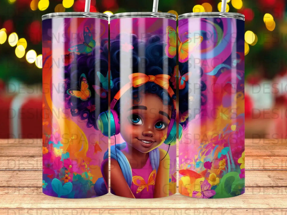 Young girl with colorful butterflies and headphones on a patterned tumbler.