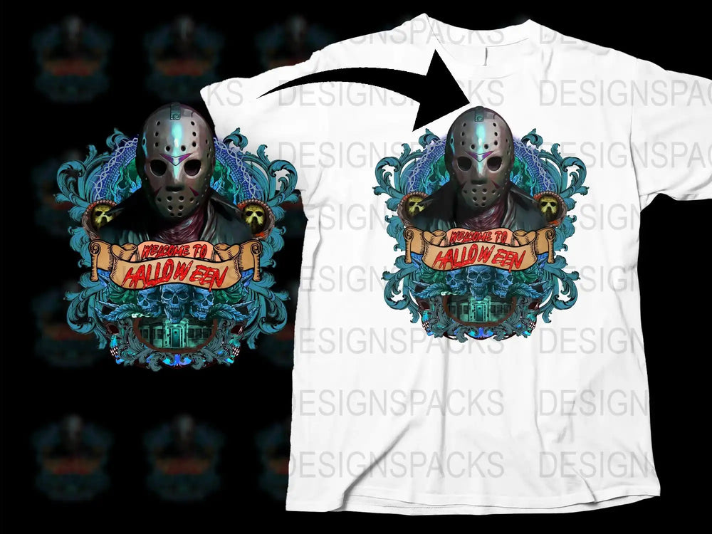 Halloween T-shirt with Skull Mask and Blue Flames Graphic, Unisex Horror Tee