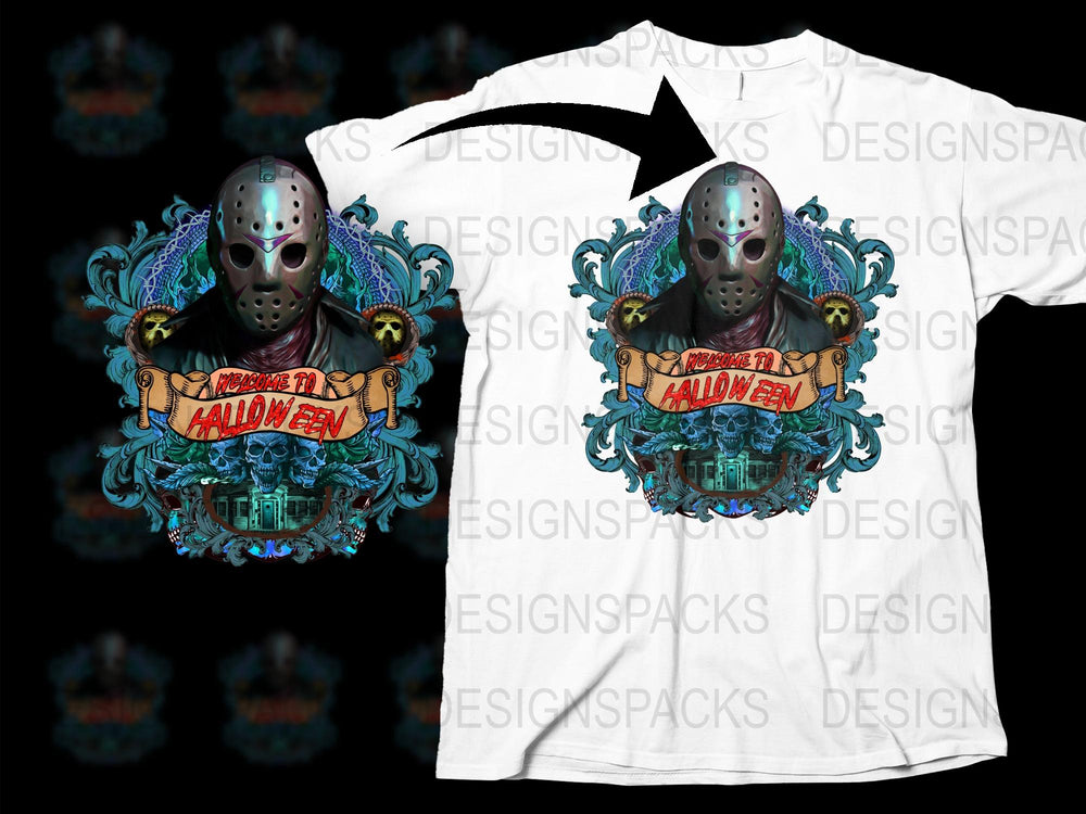 Halloween T-shirt with Skull Mask and Blue Flames Graphic, Unisex Horror Tee
