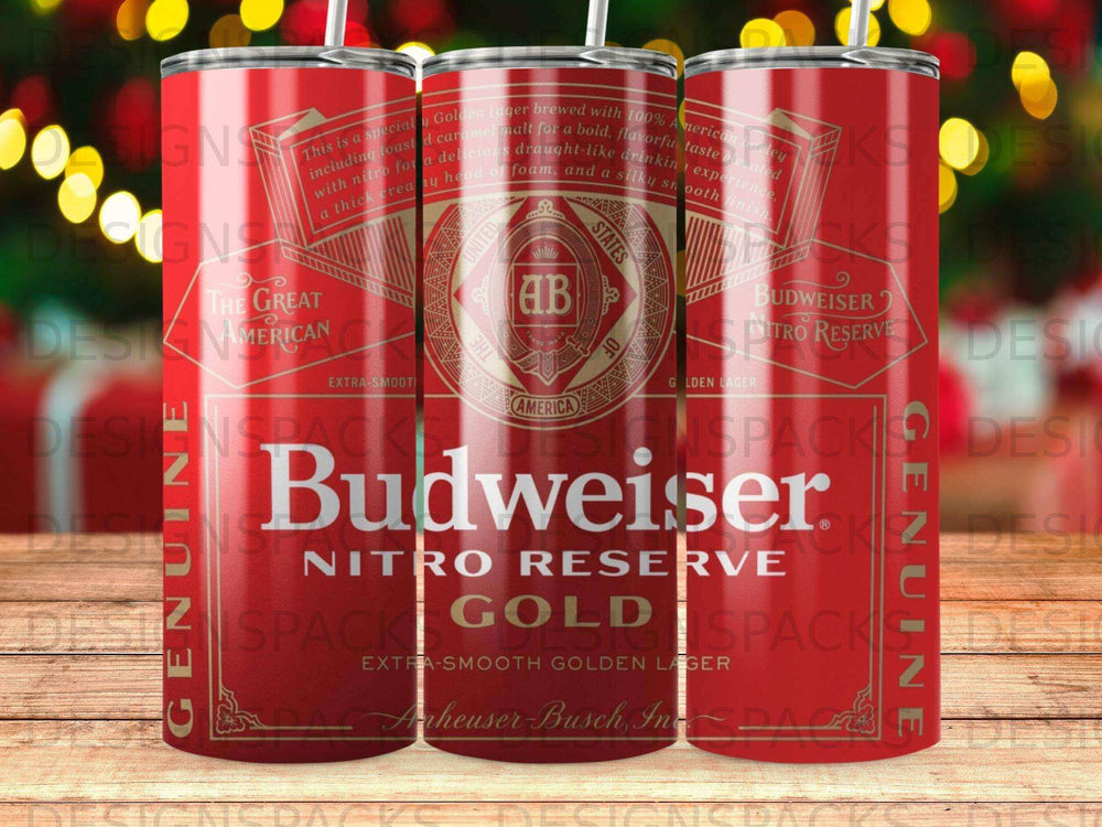 Budweiser Nitro Reserve gold lager tumbler with iconic logo and branding.