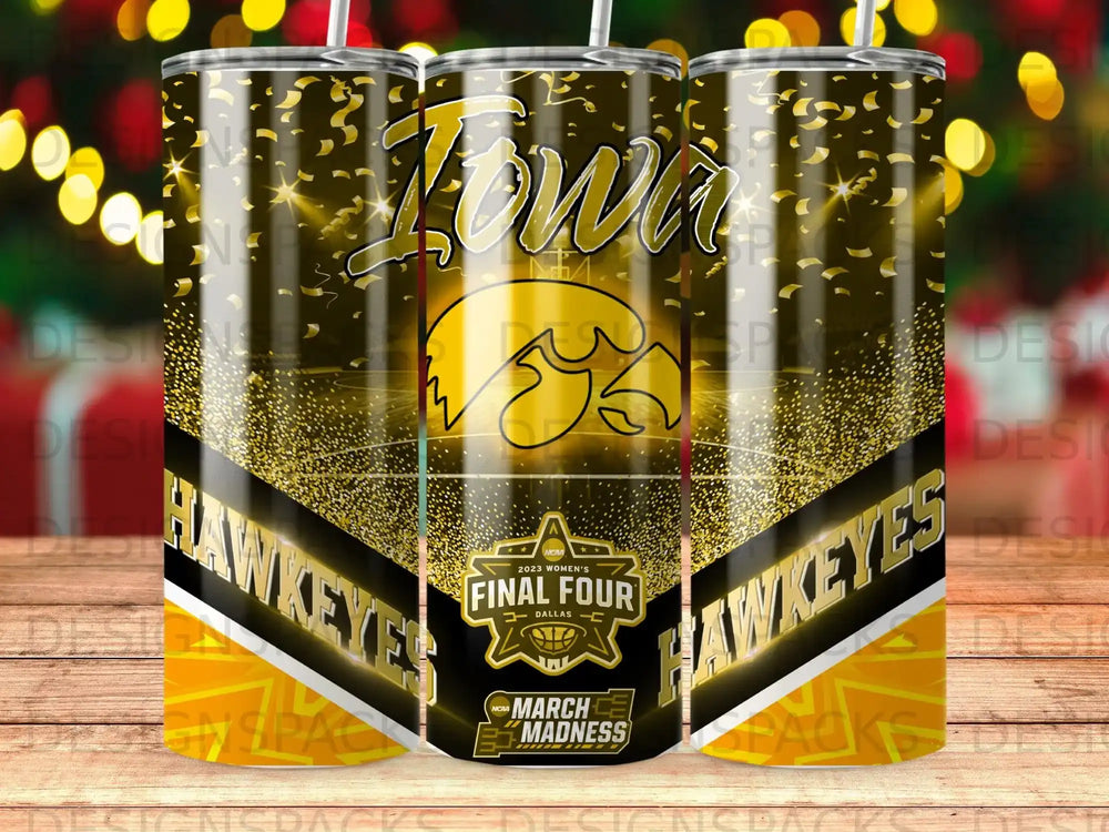 Iowa Hawkeyes Final Four 2023 Dallas tumbler with confetti.