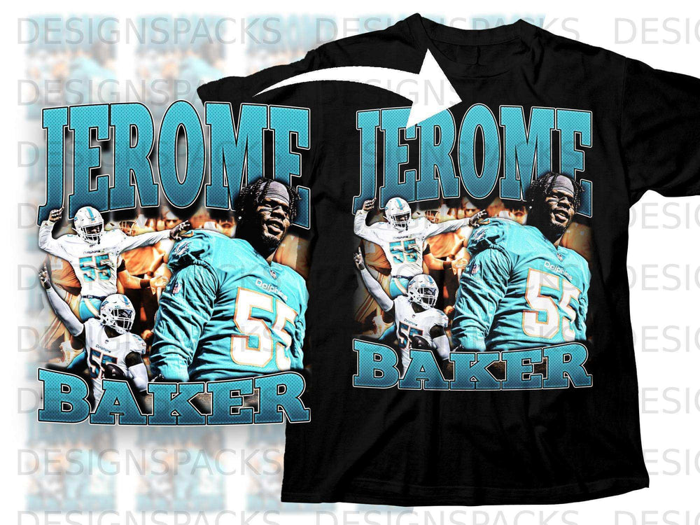 Jerome Baker Dolphins player graphic on black t-shirt.