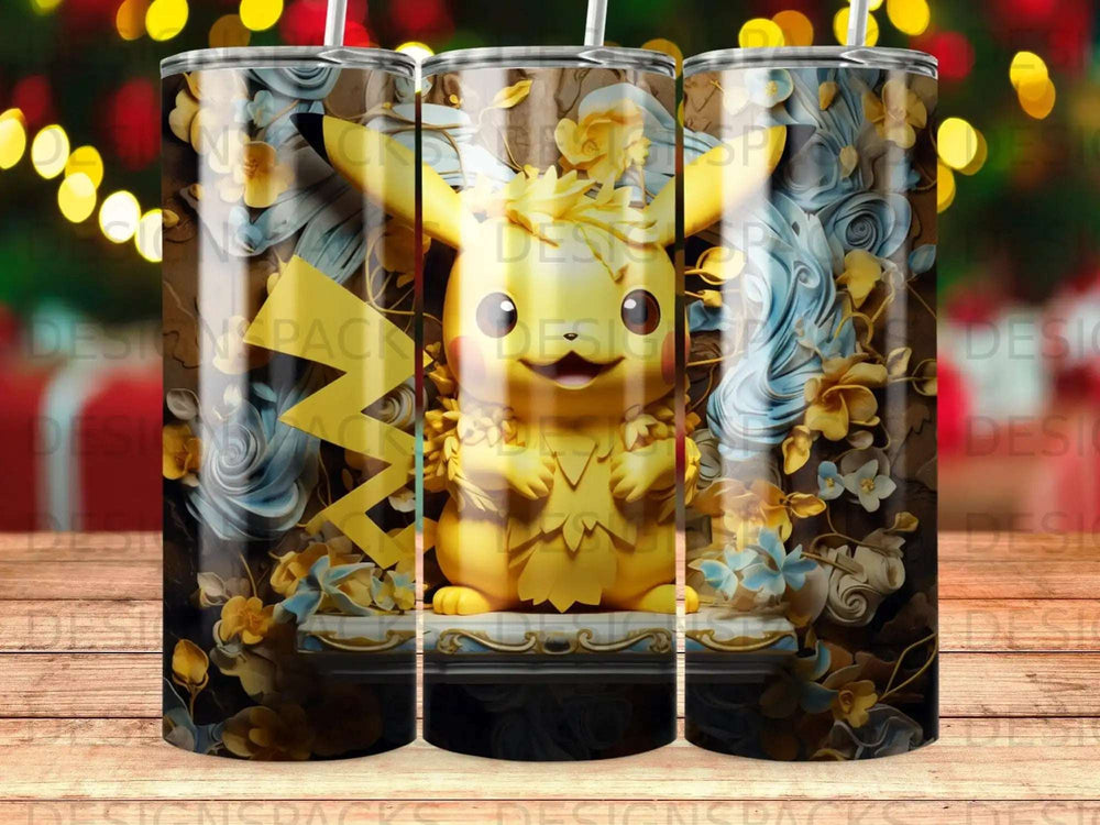Golden Pikachu with floral accents on a patterned tumbler.