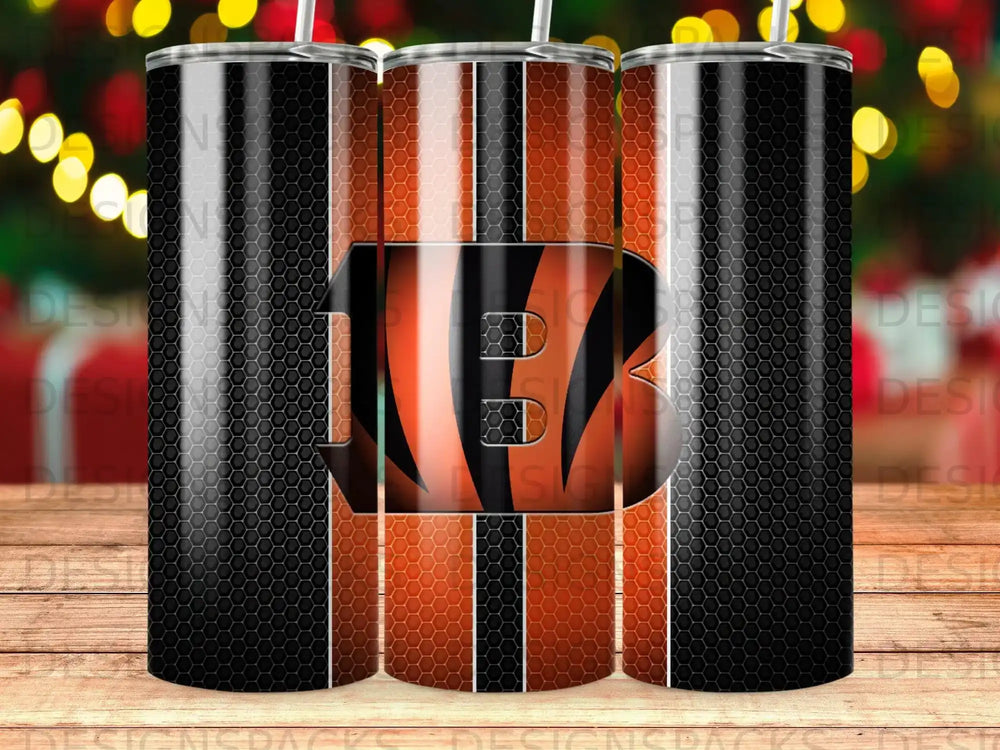 Cincinnati Bengals logo on a black and orange hexagonal tumbler.