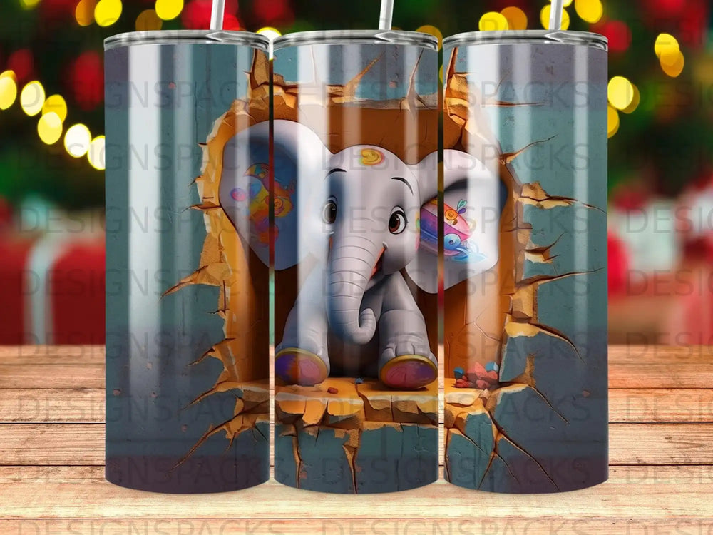 Cartoon elephant peeking through a cracked wall on a striped tumbler.