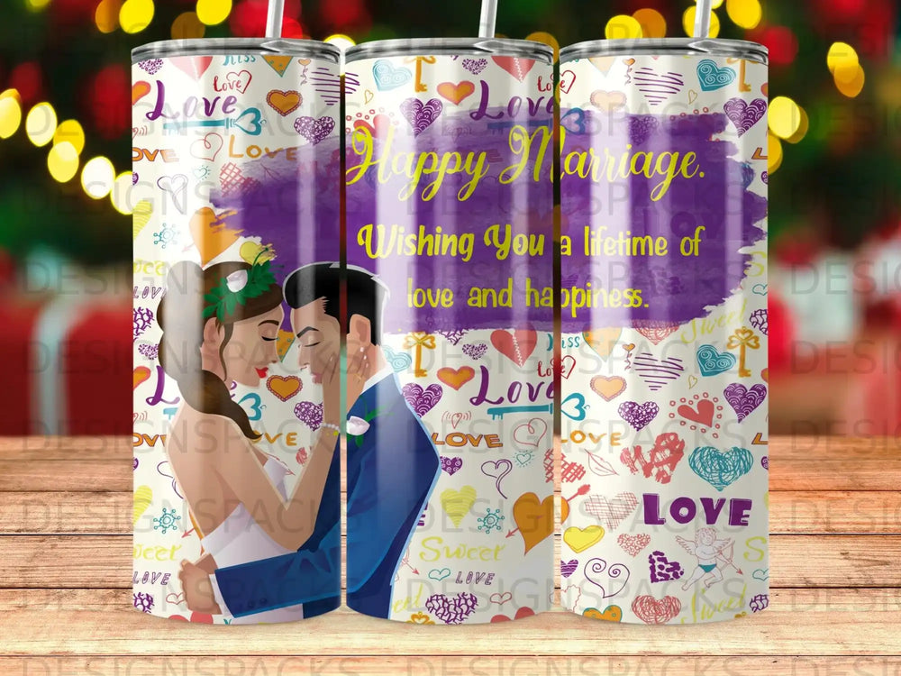 Couple embracing with "Happy Marriage" text on a patterned tumbler.