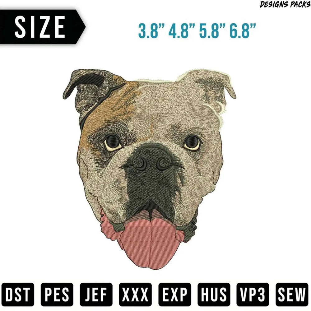 Embroidery design of a bulldog's face with tongue out, available in multiple sizes.