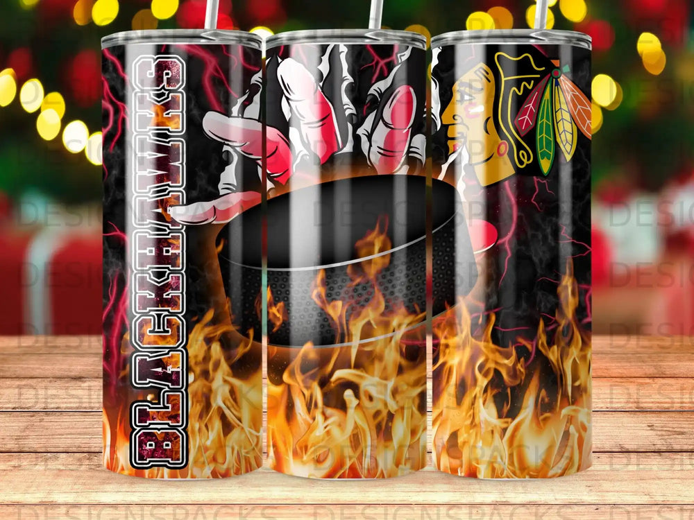 Chicago Blackhawks logo and text on a tumbler with fiery background.
