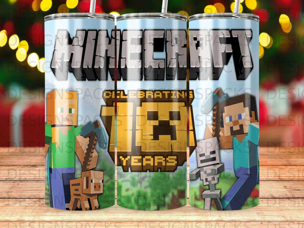 Minecraft 15 Years celebration tumbler with Steve, Alex, pig, and skeleton characters.