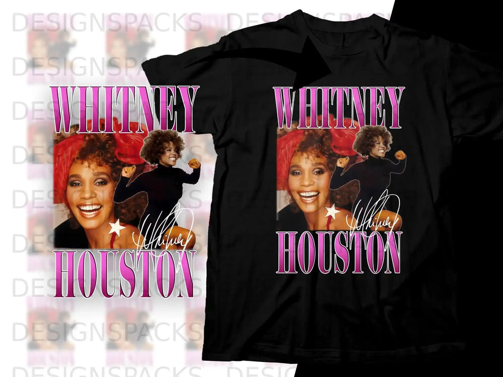 Whitney Houston graphic tee with artist's photo and signature.