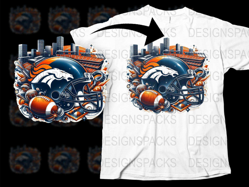 Denver Broncos Themed T-shirt with Urban Art, Football Helmet Design, Sports Fan Apparel