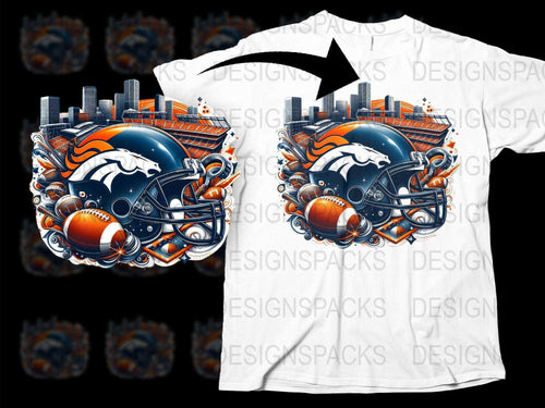 Denver Broncos Themed T-shirt with Urban Art, Football Helmet Design, Sports Fan Apparel