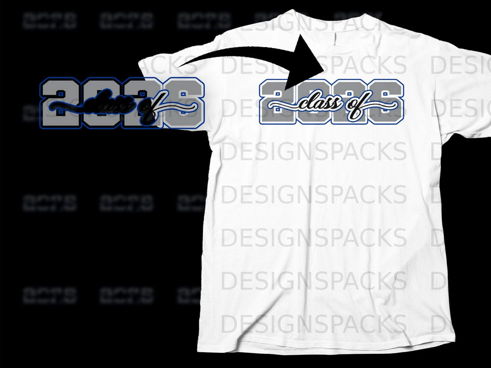 White t-shirt with "class of 2026" graphic in gray and blue.