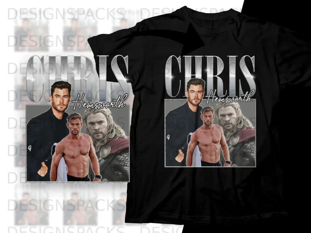 Chris Hemsworth collage on a black t-shirt.