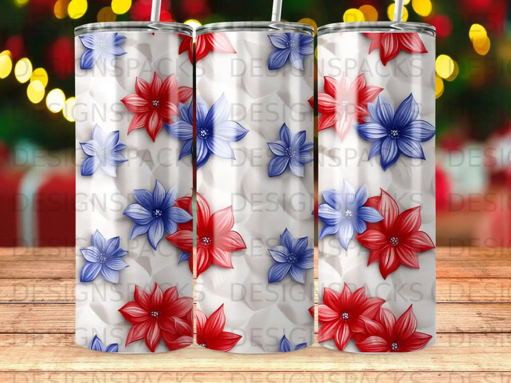 Tapered tumbler with repeating red and blue floral pattern.
