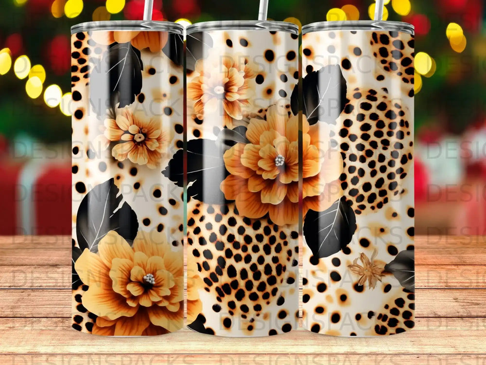 Three tumblers with leopard print and floral designs.
