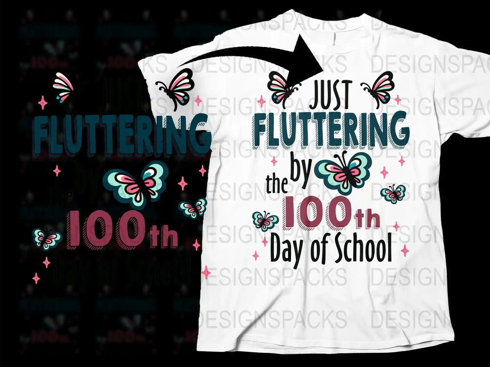 Fluttering 100th Day of School T-Shirt, Colorful Butterfly Design, Kids School Celebration Tee, Festive Graphic Print Top for Children