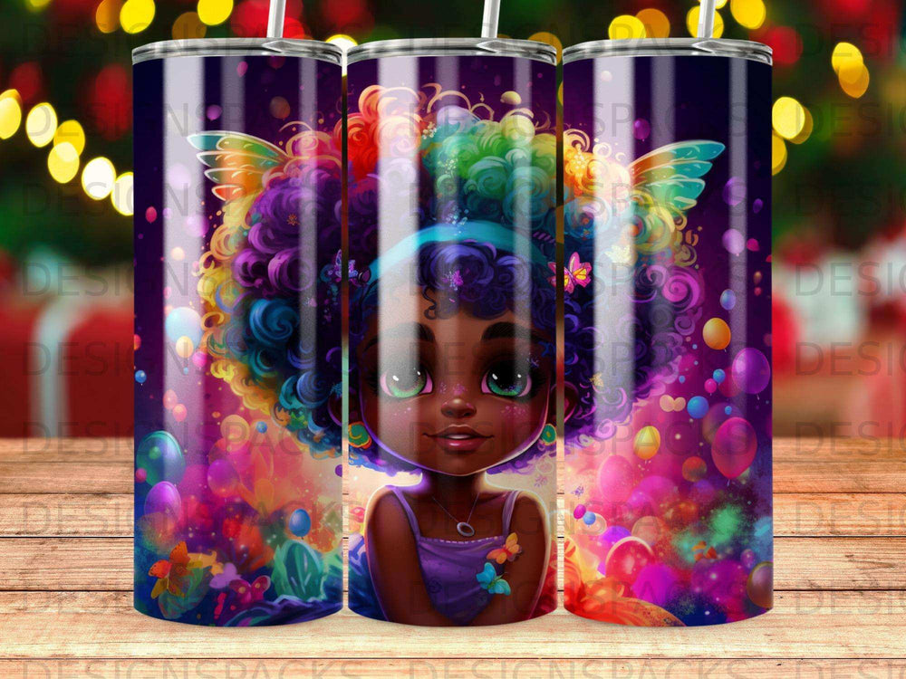 Cartoon girl with colorful curly hair and butterfly wings, on a vibrant background.