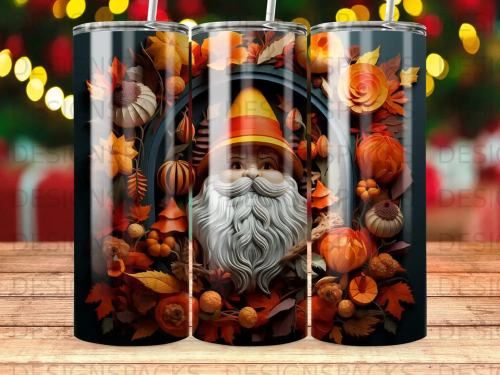 Santa Claus with pumpkins and autumn leaves in a circular frame.