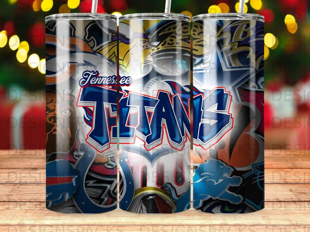 Tennessee Titans logo and team imagery on a patterned tumbler.