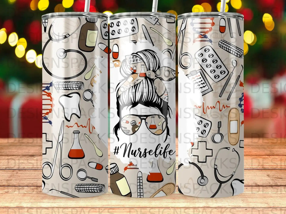 Tumbler with nurse-themed illustrations and "#NurseLife" text.