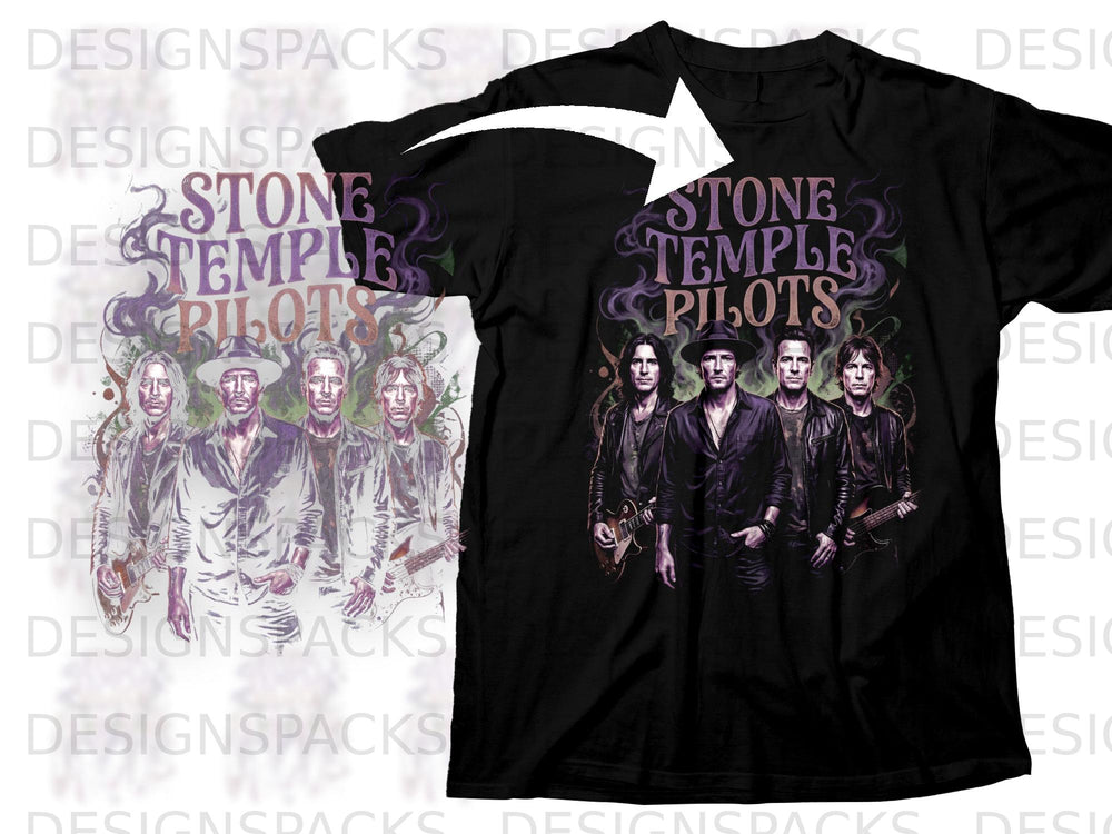 Black t-shirt with Stone Temple Pilots band graphic and text.