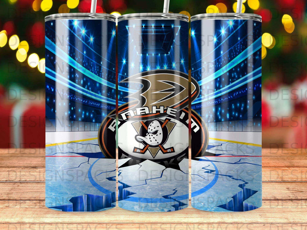 Anaheim Ducks logo on a cracked ice hockey rink background.