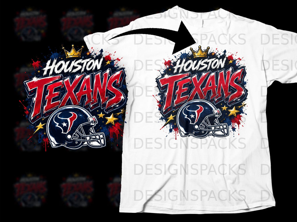 Houston Texans logo with helmet, crown, stars, and paint splatters on white t-shirt.