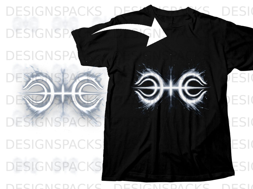 Black t-shirt with a white symmetrical alien-like symbol and a white arrow overlay.