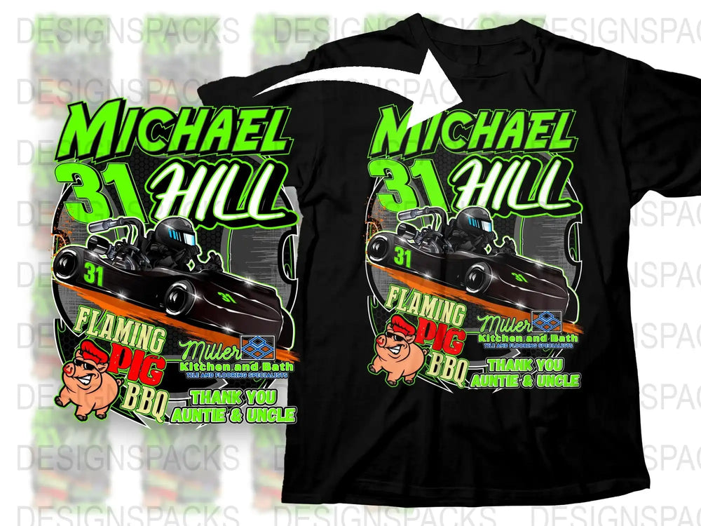 Michael Hill Flaming Pig BBQ Drag Racing T-Shirt, Black Graphic Tee, Car and Food Theme