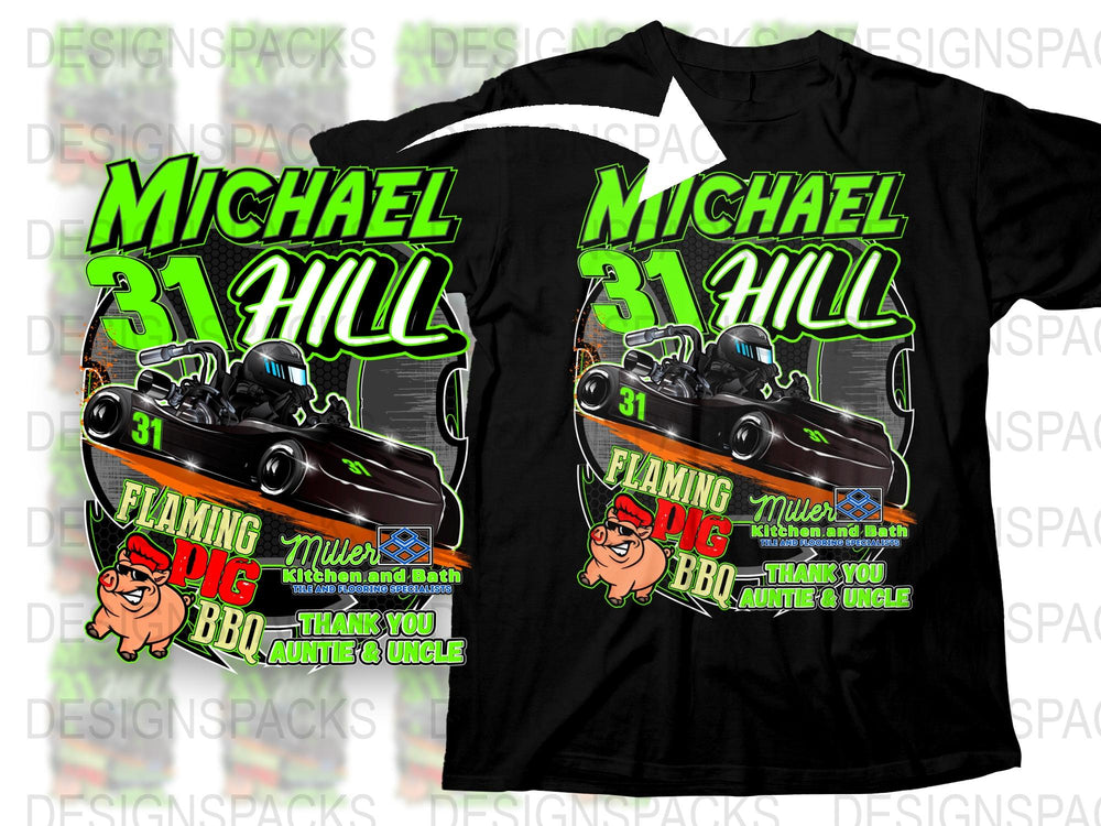 Michael Hill Flaming Pig BBQ Drag Racing T-Shirt, Black Graphic Tee, Car and Food Theme