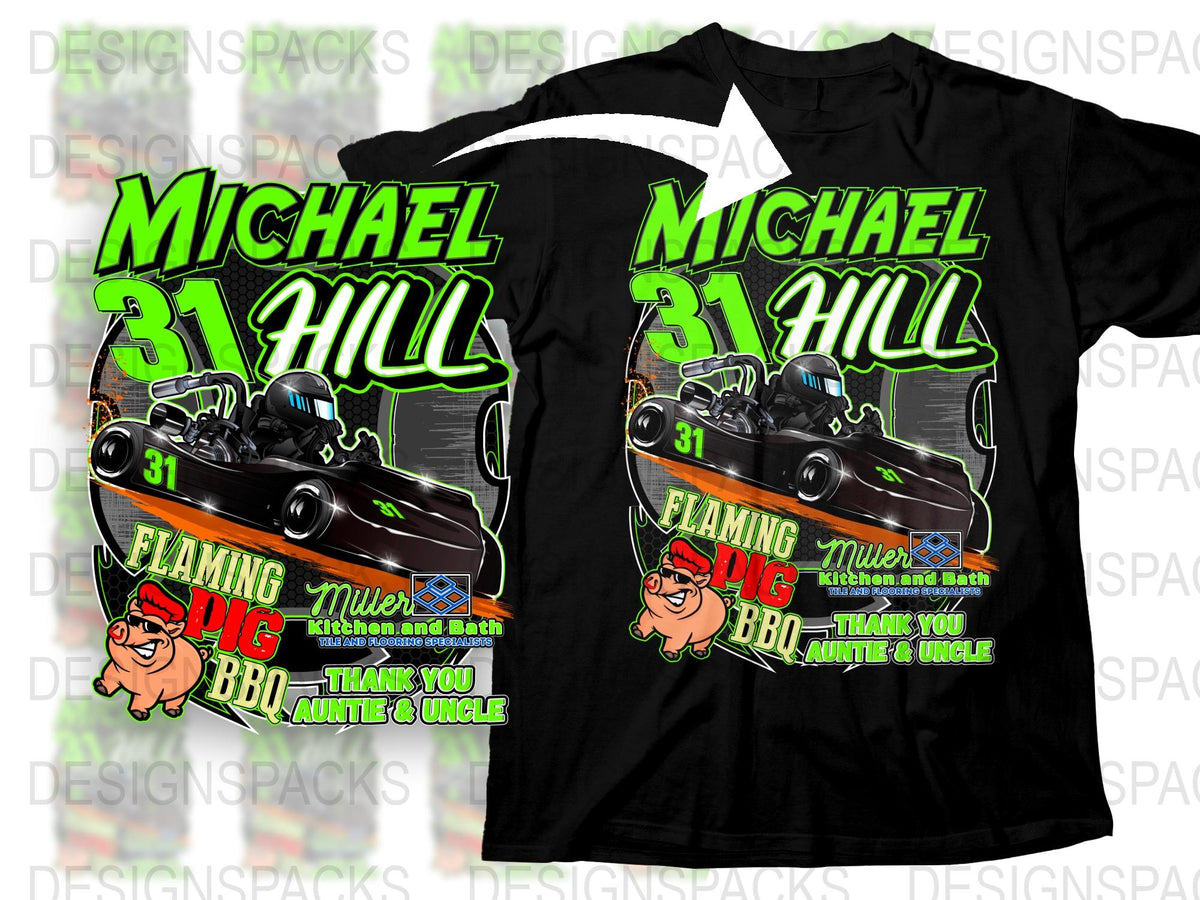 Michael Hill Flaming Pig BBQ Drag Racing T-Shirt, Black Graphic Tee, Car and Food Theme