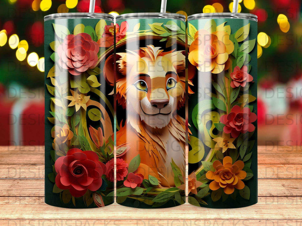 Lion cub surrounded by flowers and foliage on a green, festive background.