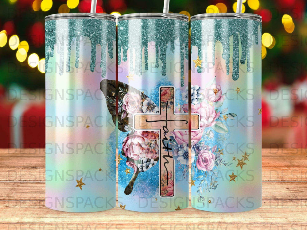 Cross with floral and butterfly design on a glittery teal background.