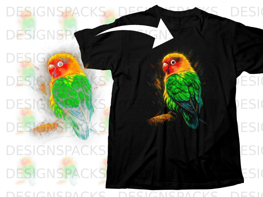 Black t-shirt featuring a vibrant, colorful lovebird illustration.