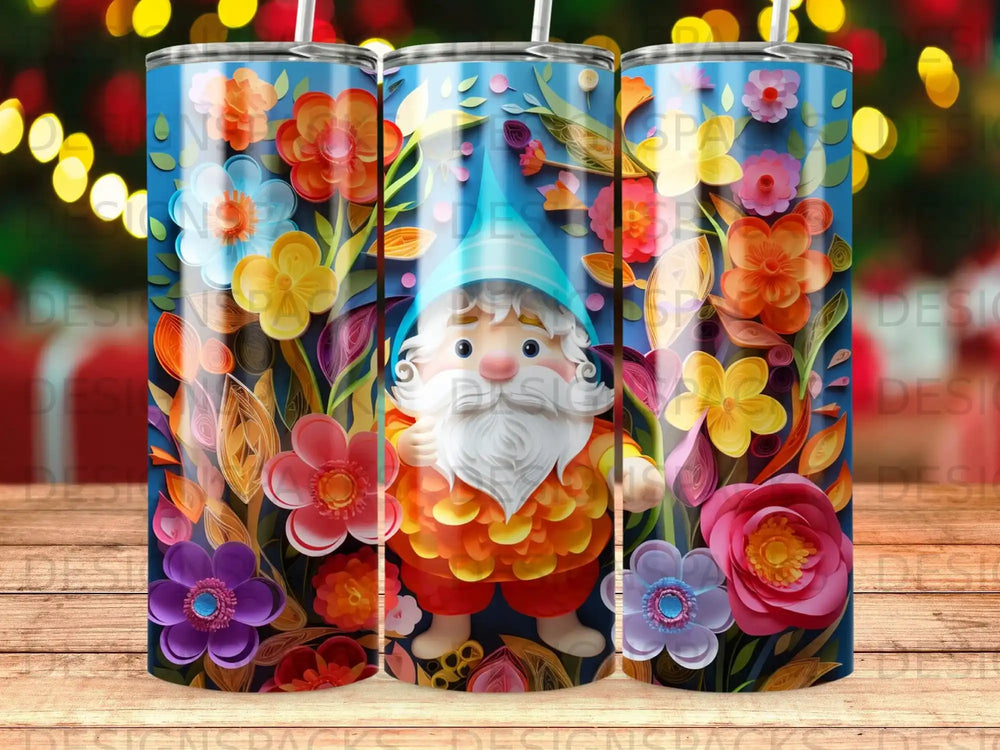 Gnome in orange tunic among colorful paper flowers.
