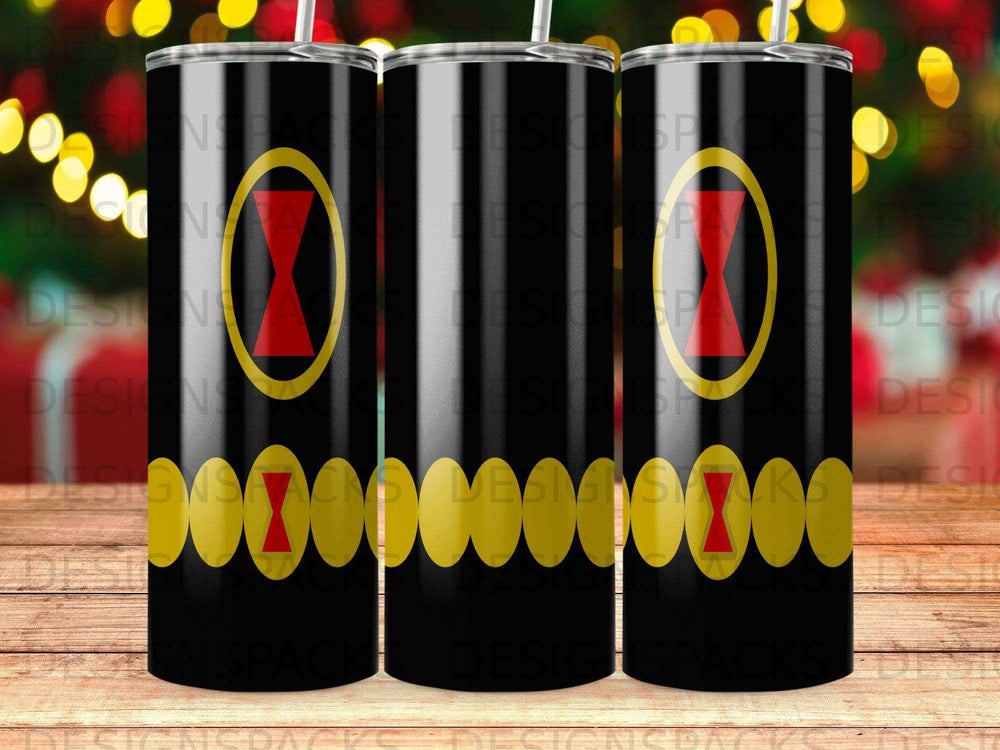 Black Widow symbol on a black tumbler with yellow accents.