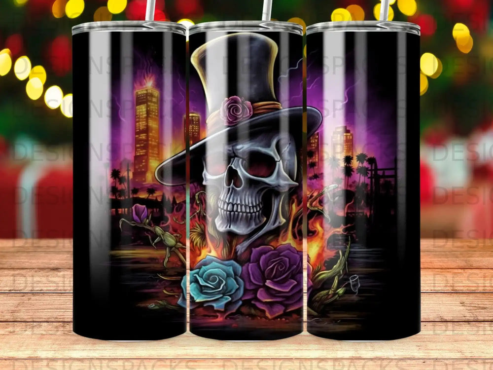 Skull in top hat with roses and city skyline.